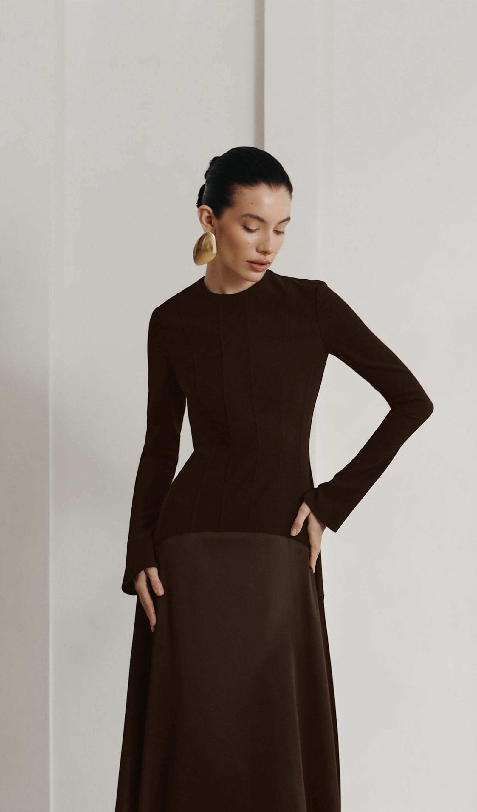 Knitted Satin Maxi Dress -Coffee