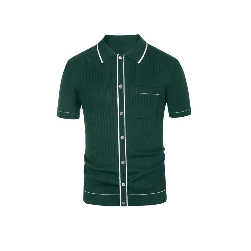 Summer New Cardigan Knit Mens Shirt Casual Single Breasted Short Sleeve Business Knit Men's Polo Shirt