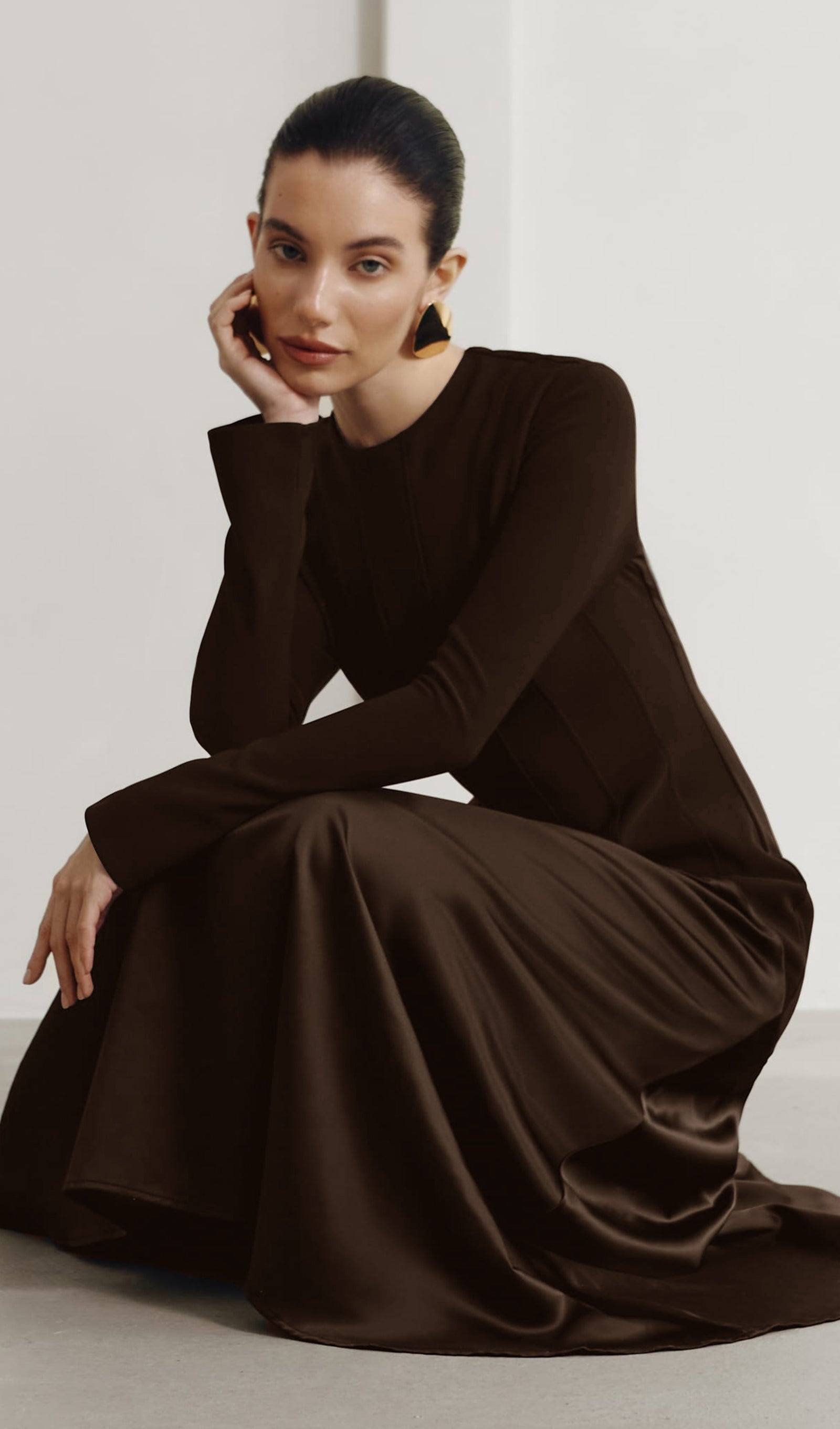 Knitted Satin Maxi Dress -Coffee