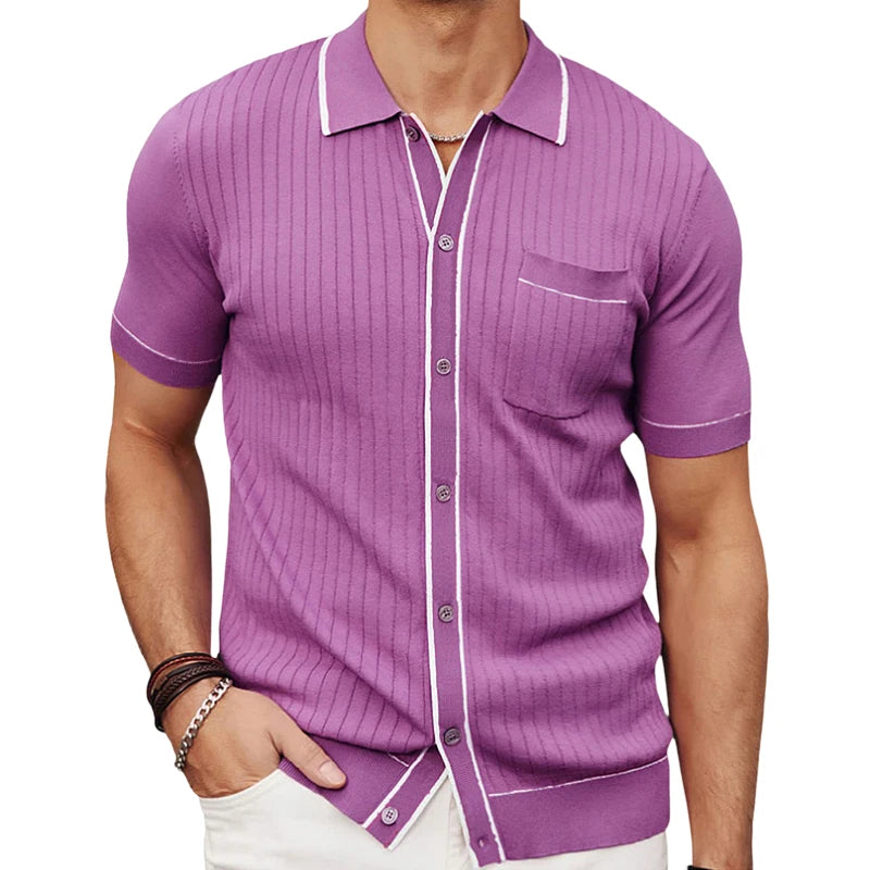 Summer New Cardigan Knit Mens Shirt Casual Single Breasted Short Sleeve Business Knit Men's Polo Shirt